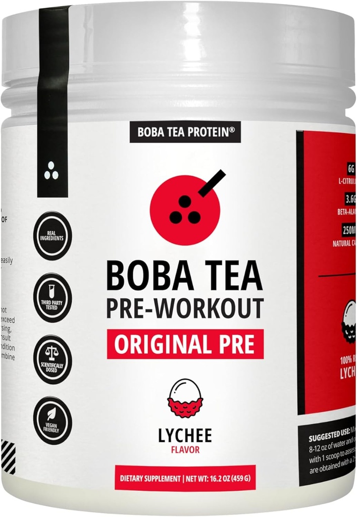 Boba Tea Pre- Workout proszku 124; Lychee Flavor 124; 125- 250mg Kofeiny 124; L- Citrulina, Beta Alanina, Alpha- GPC 124; Prawdziwe składniki 124; Premium Pre Workout Proszek dla mężczyzn i kobiet 124; 20- 40 Służenie