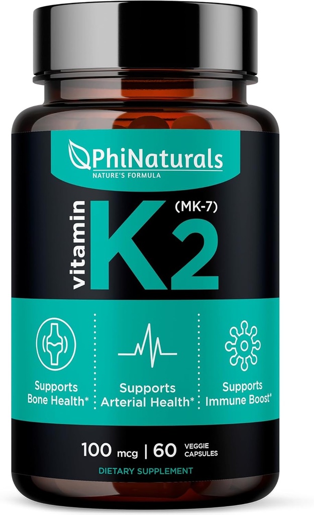PhiNaturals Witamina K2 Mk7 100 µg Wegan 60 Kapsułki Bone Health Heart Arterie sercowo-naczyniowe - VIT k- 2 MK- 7 100µg Suplement z Natto