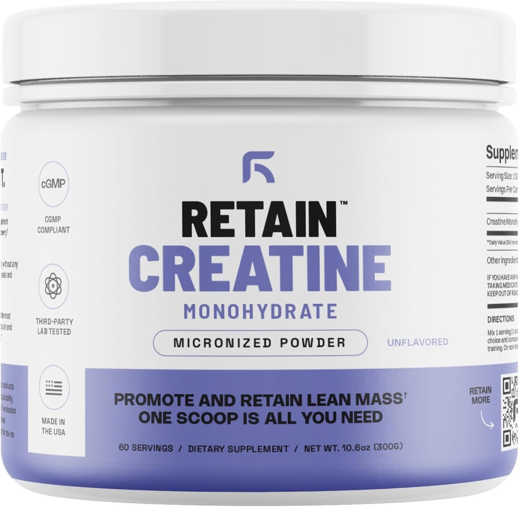 RETAIN Kreatywny jednowodny proszek (60 Serv) - 100% Mikronizowana Wysoka Wchłanianie Monowodzian Kreatyny, Lean Muscle Mass & Recovery