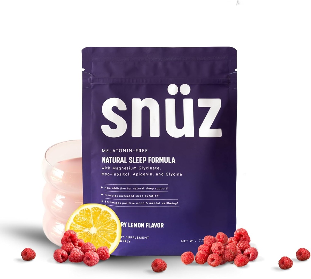 snüz Natural Sleep Supplement with Magnezu Glycinate, Myo- Inositol, Apigenin & Glicyna, Melatonin Free, Pomoc dla dorosłych, Nie GMO, Gluten Free, Wegan, Malina Lemon Flavor, 30 Svgs