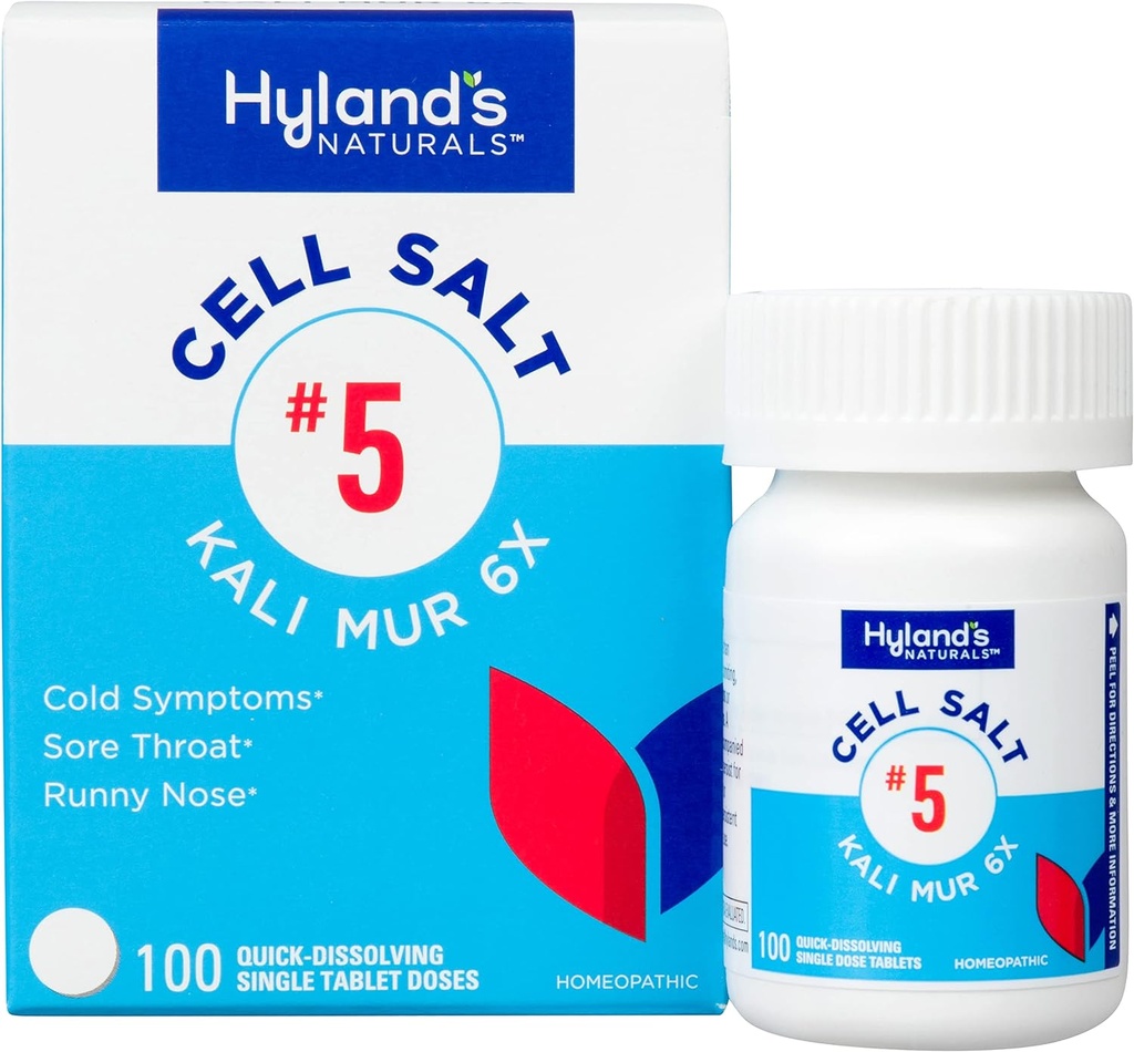 Hyland 's No. 5 Cell Salt Kali Mur 6X Tablets, Cold Medicine and Sore Throat Relief, Natural Treatment of Colds, Sore Throats, Runny Nose, and Burns, Quick Disolding Tablets, 100 Count