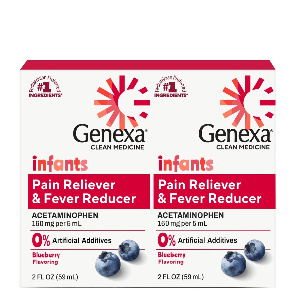 Genexa Infants 'Clean Acetaminophen 124; Pediatrician Preferowane składniki 124; Pain Reliever & Fever Reduktor dla niemowląt 124; Dye Free, 0% Sztuczne dodatki do 124; Organic Blueberry Flavor, 4 fl oz (2 Pack)