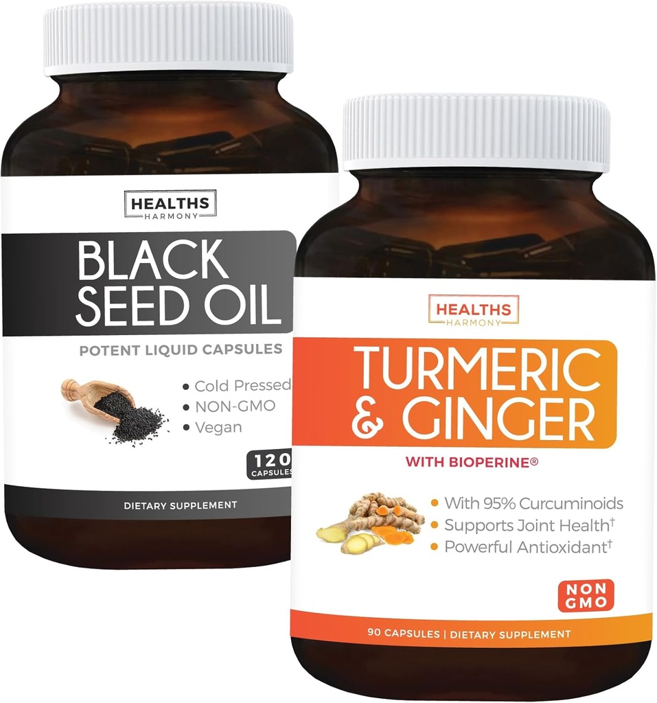 Paleta oleju Turmeric & Ginger & Black Seed - Golden Harmony Blend - Turmeric & Ginger z 95% Curcuminoids & Bioperine (90 Kapsułki) & Black Seed Oil (Non-GMO) 100% Cold- Presset Cmin Seed Oil