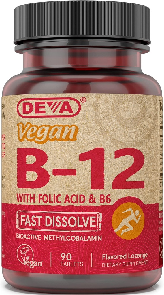 DEVA Vegan Witamina B12 Szybko rozpuszczalny Suplement - Once- Per- Day Complex z 1000 Mcg Methylcobalamina B12, Kwas foliowy, B6 - Lemon Flavor - 90 Rozpuszczalne tabletki,