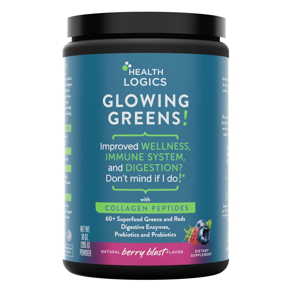Health Logics Glowing Zielonych Superfood Proszek z Collagen Peptydes, Enzymy, Prebiotyki i Probiotyki - Przeciwutleniacz, Poprawa Wellness, Immune, Digestive i Gut Health Support