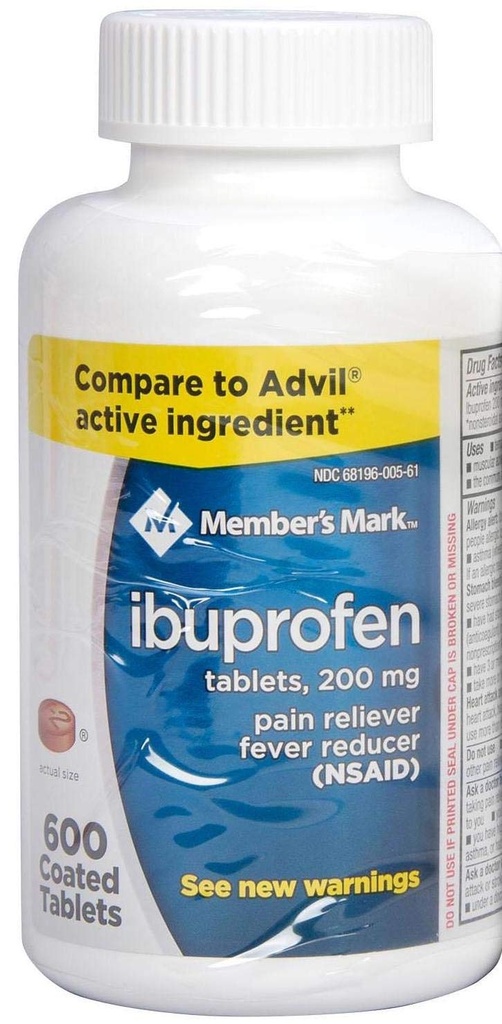 Członkowie Mark Ibuprofen Tabletki powlekane 200mg Ból Reliever Fever Reducer, 1 butelka, 600 Tabletki