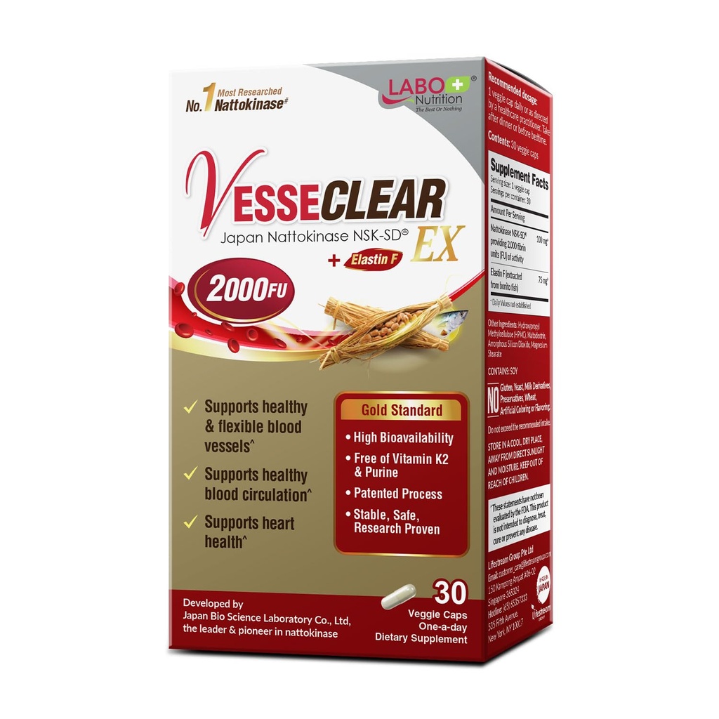 Labo Nutrition VesseCLEAR EX: Nattokinase NSK- SD + Elastin F for Clean & Elable Blood Vessel. Japonia 's Most Research Proven, Functional Dose, Acid- Resistant / Opóźnione uwolnienie kapsułki