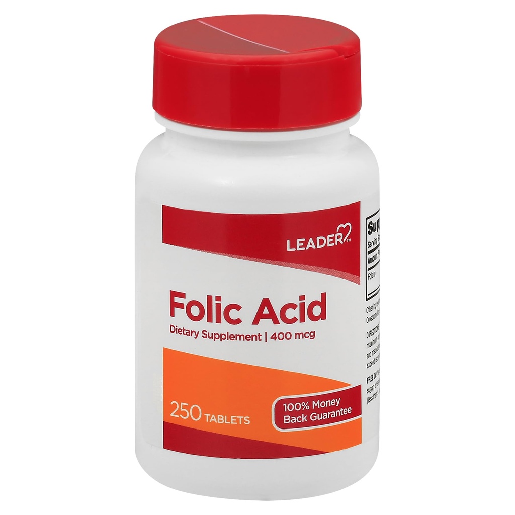 Lider Kwas foliowy 400MCG Tabletki 250 Ct. Zasadnicze dla wzrostu i rozwoju komórek