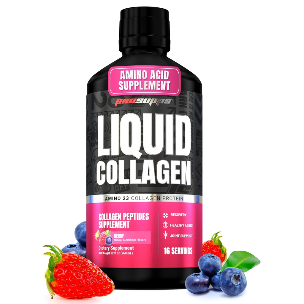 PROSUPPS Amino23 Liquid Collagen Shots, Berry - Collagen Peptide Post Workout Suplement do ćwiczeń wspomaga zdrowe starzenie, Joints, Skóra i włosy - Gluten- Free & Zero Sugar - 16 Służenia