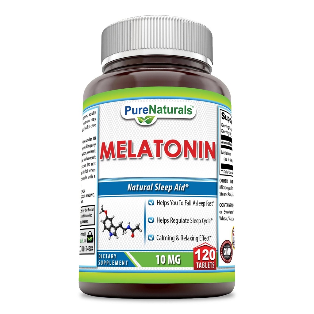 Pure Naturals Melatonin Supplement Equipment 124; 10 Mg Per Serving Equipment 124; 120 Tablets Evidence 124; Non-GMO Equipment 124; Gluten- Free Equipment 124; Made in USA