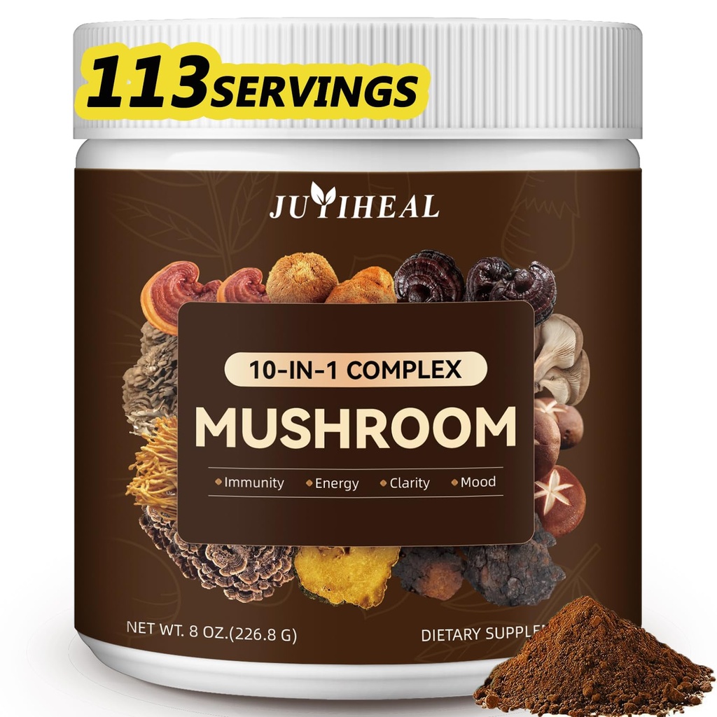 10- in-1 Proszek z grzybów, Kompleks z grzybów - Lions Mane, Reishi, Shiitake, Chaga, Ogon z indyka, Cordyceps, Maitake & More, Proszek z Mushroom Supplement for Energy, Pamięć, Focus & Wsparcie immunologiczne 8oz
