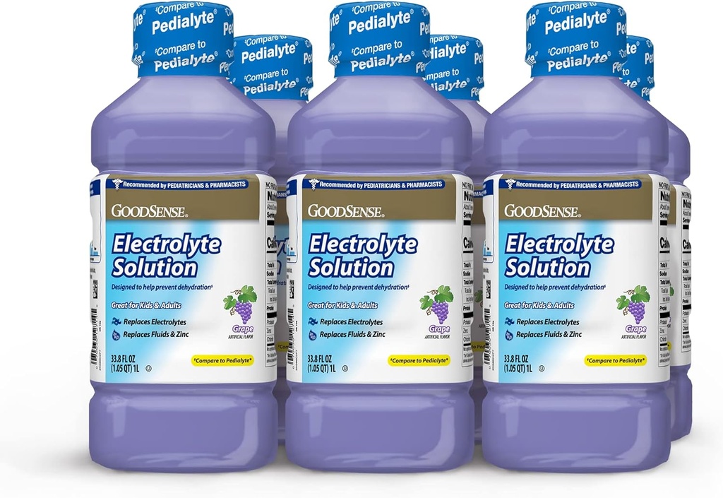 GoodSense Grape Electrolyte Solution - Zamienia elektrolity, płyny i cynk dla dzieci i dorosłych, Napoje nawadniające do odwodnienia, 33.8 Ounces fluid (opakowanie po 6)