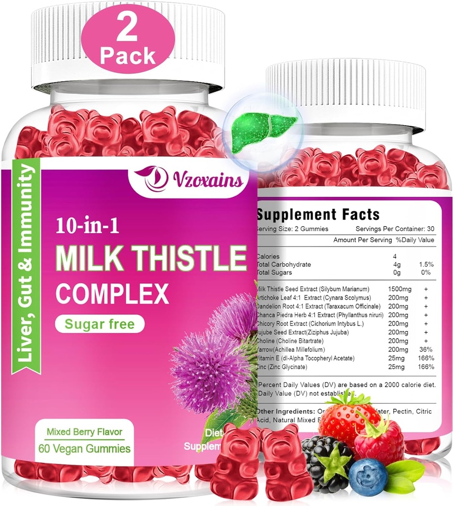 Gummy mleczne, 10 w 1 Formuła ziołowa do naprawy detoxu wątrobowego z korzenia Dandelion, Turmeric, Artichock Optymalna czynność wątroby i Digestive Health Mieszane Berry Flavor
