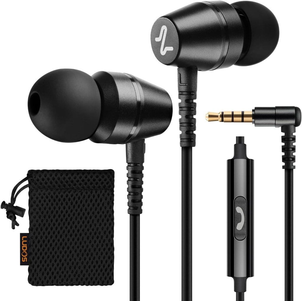 LUDOS OMNITONE Słuchawki przewodowe w uszach słuchawki, 5 lat gwarancji, Słuchawki z mikrofonem, 3,5 mm Jack Corded Ear Buds, Videokonferencja dla iPhone, Samsung, Komputer, Laptop, Dzieci, Studenci szkół