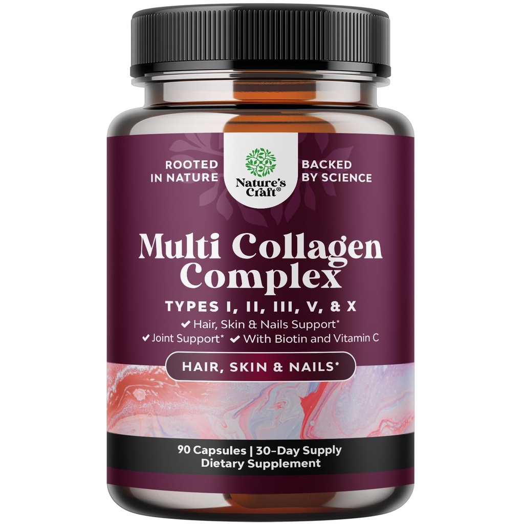 Advanced Multi Collagen Complex - Ageless Multi Collagen Peptides Supplements with Type 1 2 3 5 & X & Biotin for Hair, Skin and Nails Vitamins - Biotin Supplements for Women & Men - 90 Count