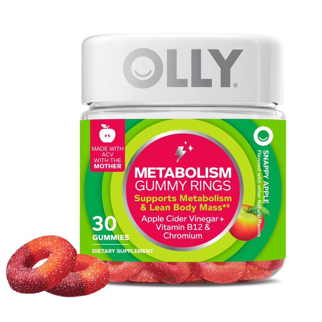 OLLY Metabolizm Gummy Pierścienie, Jabłko Cydr Ocet, Witamina B12, Chrom, Energia i Zdrowie trawienne, Suplement do żucia, Jabłko Flavor - 30 Count