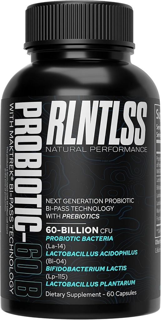 RLNTLSS - Probiotyk 60 Miliard CFU - 4 Mieszanka szczelinowa - Suplement Premium - Mężczyźni i Kobiety - Półka Stabilna Probiotyczna Kapsułka - Probiotyczna i Prebiotyczna - (60 Butelka Count)