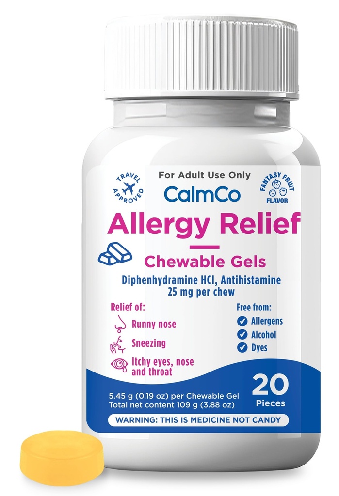 CalmCo Alergia Dorosła Relief Gummy Bites z difenhydraminą - Antyhistamina do żucia do kichania, Nosy Runny & Itchy Eyes, Nocna Alergia Medycyna dla wieku 12 +, Fantasy Fruit Flavor, 20 Count