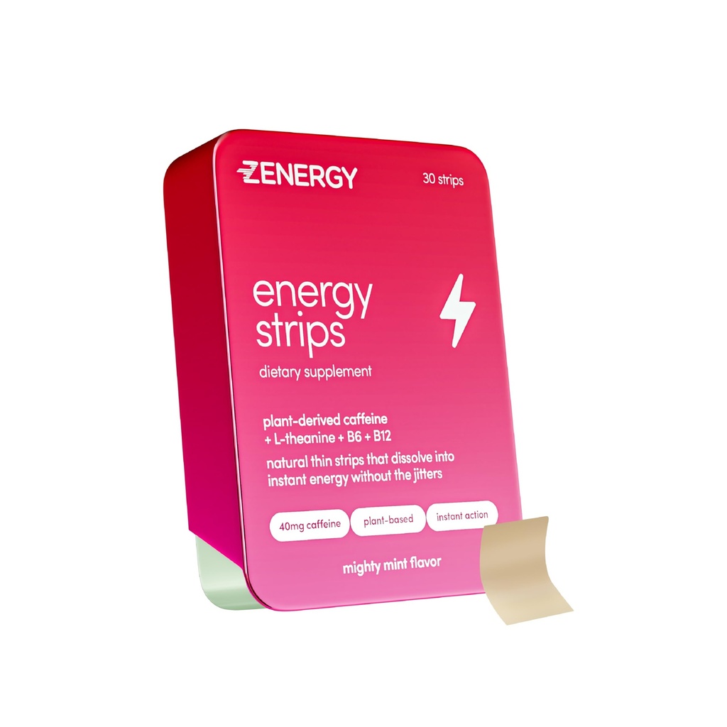 ZENERGY ENERGY Oral Strips - Mint Flavor 124; 40mg Caepine + 30mg L- Theanine + 100% Witamina B6 & B12 Agregat 124; 0 Cukier, 0 Calories, 0 Gluten, 0 Aspartam, Wegan, Plantan- Based, Natychmiastowa akcja 124; 1 Tin = 30 Paski