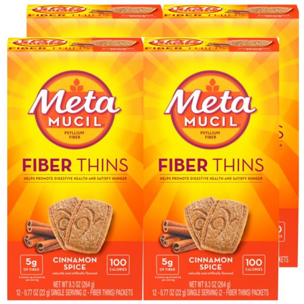 Metamucyl Fiber cienki, Codzienne Fiber Suplement Przekąski, Pyllium Husk Proszek, 5g Fiber per Serving, Wspiera Digestive Health i Zadowola Głód, Cynamon Spice Flavor, opakowanie 4, 12 Służenie każdy