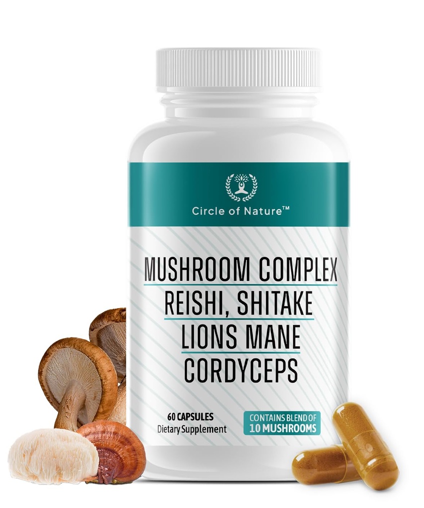Brain Booster Mushroom Complex Supplement, Natural Mood Uplifter with 10 Function Mushrooms, Lions Mane, Reishi, Cordyceps and 7 More in Capsules 1330mg Made in USA, 60 Capsules