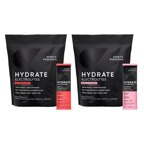 Sports Research Hydrate Electrolytes Dynamic Duo - Bezcukrowy & Naturalny aromat z witamin, minerałów i wody kokosowej - 32 Pakiety nawadniania Pomegranat wiśniowy & Lemoniada malinowa