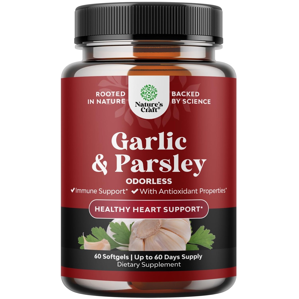 Skoncentrowane bezogonowe czosnku Softgels - Wyciąg z pietruszki i Starego czosnku Suplementy dla zdrowia cyrkulacyjnego, trawienie, Immune Support & Liver Detox - Pietruszka Softgels dla Gut Support - 60 Ct