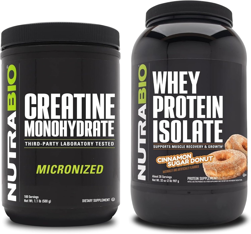 Monowodzian NutraBio Creatine, Izolat nieflaworyczny, 500 g i ser białkowy, Pączek z cukrem cynamonowym, Suplement Paleta - Energia mięśniowa, Lean Muscle Growth, Odzysk i Siła