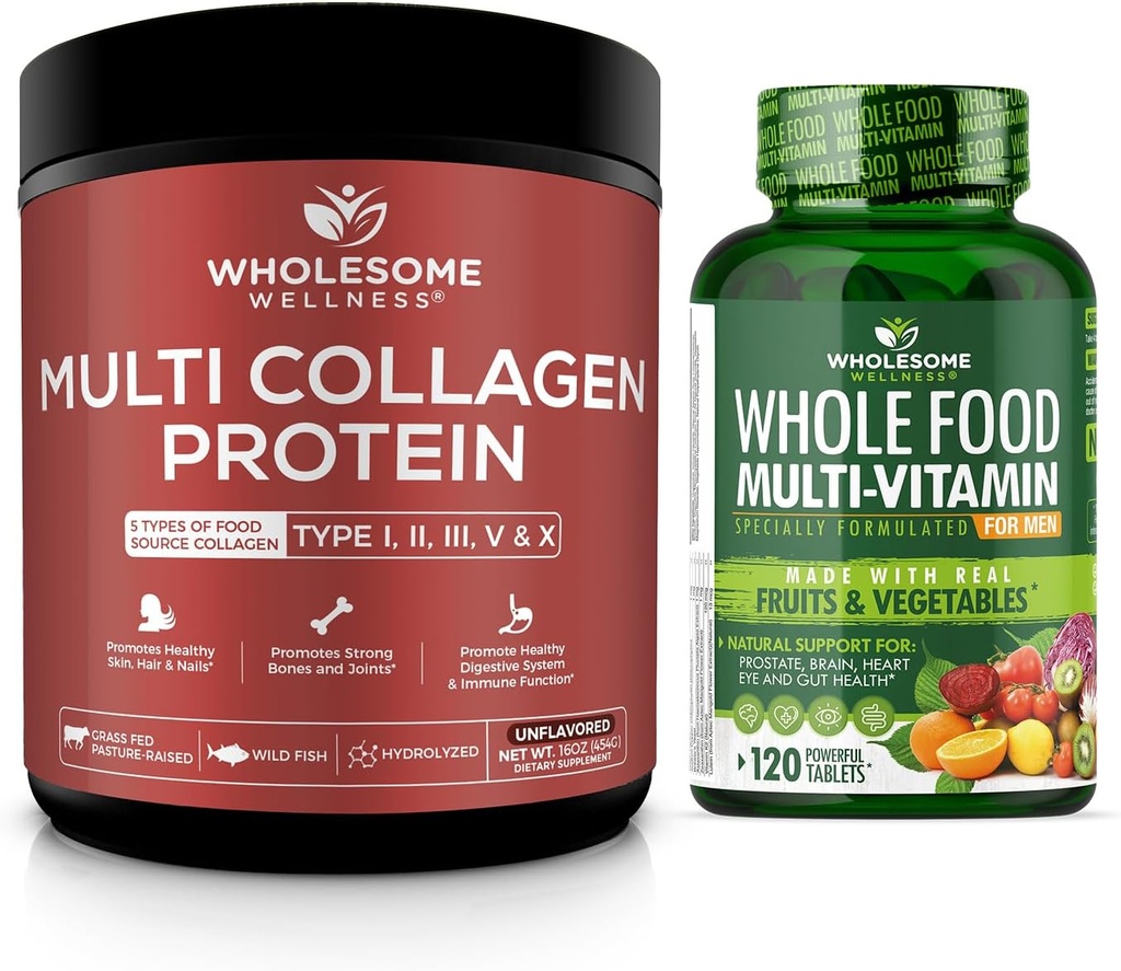 Multi Collagen Protein Powder Hydrolyzed (Type I II III V X) + Whole Food Multivitamin for Men - Natural Multi Vitamins, Minerals, Organic Extracts Bundle