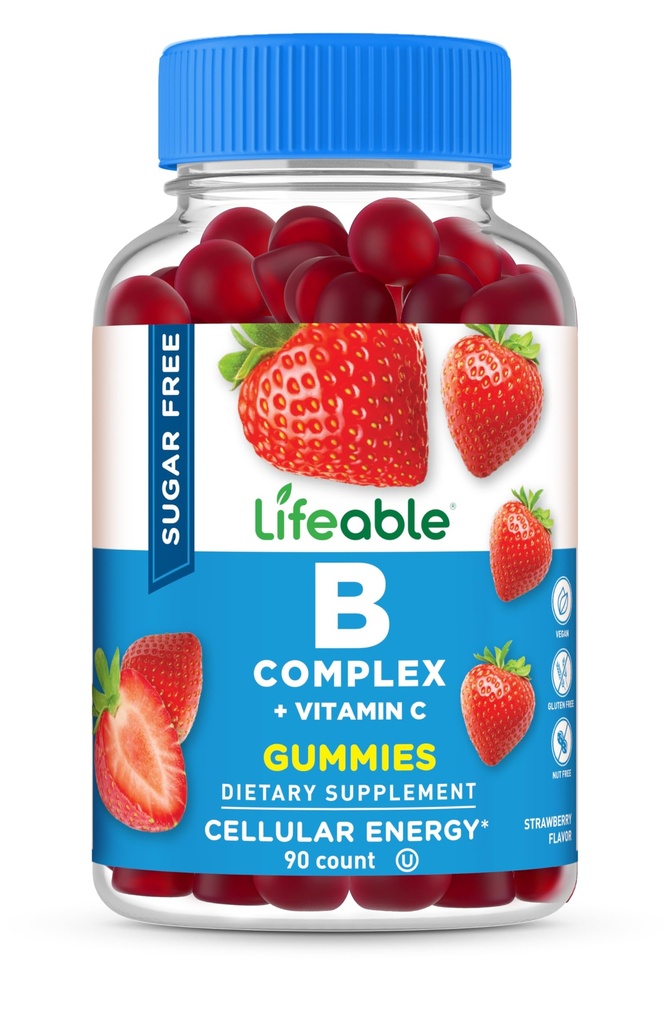 Lifeable Sugar Free Witamina B Complex Gummies Xi124; B- Complex with Witamina C Xi124; Great Tasting VIT B Complex Vitaminy Xi124; Energy and Nerve Support Xi124; B Vitamins Complex for Women, Men, Dorośli Xivy124; 90 Gummies