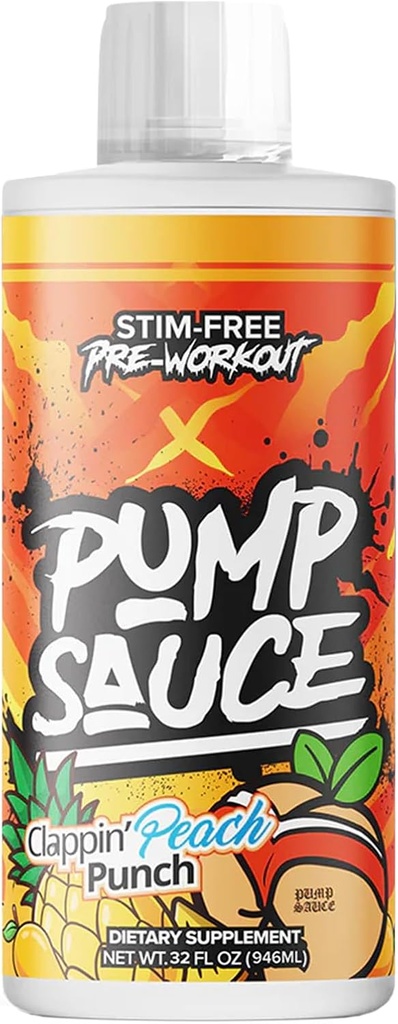 Pompa Sauce Pre- Trening - 32 oz, Clappin Peach Punch, bez kofeiny, Full Spectrum Liquid, Gluten Free, Wegan, Zero Cukier