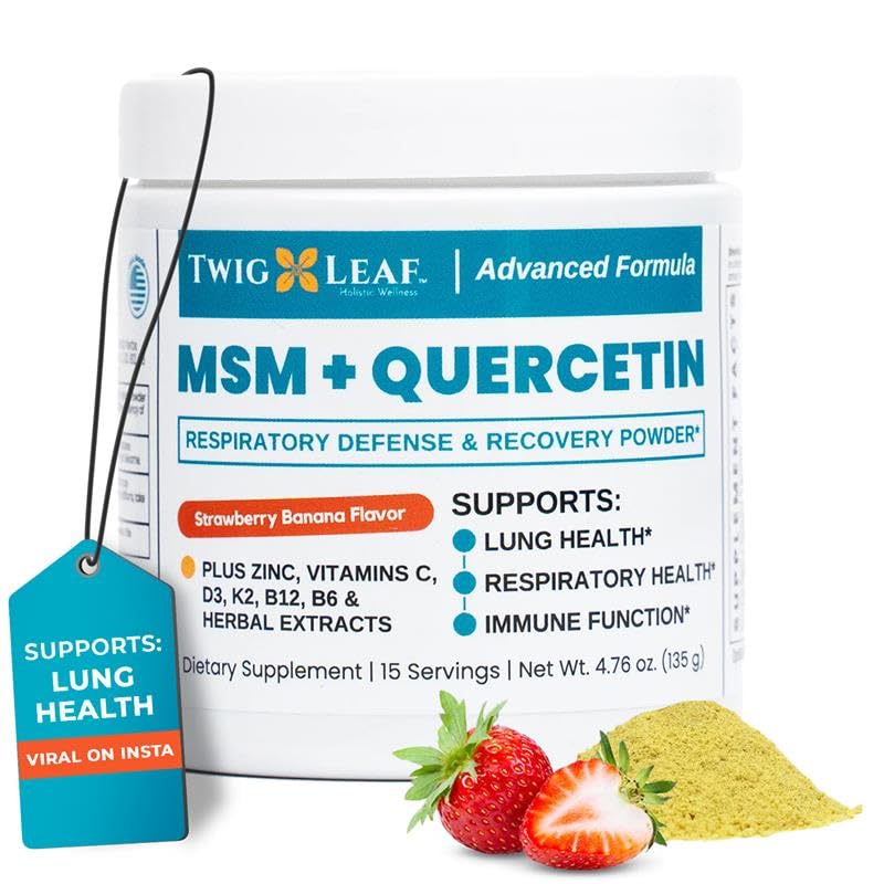 Suplement Twig & Leaf MSM Quercetin z witaminą C & Cynk (Strawberry Banana) - Suplement proszku MSM dla zdrowia układu oddechowego - Naturalna obrona dla wyzwań sezonowych - 4.76 oz