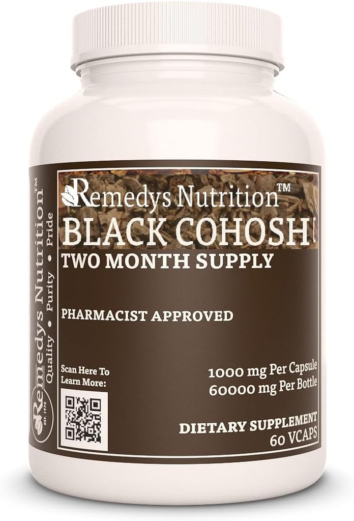 Żywienie Remedy 's Black Cohosh Yellow 124; 1000 mg, 60 Kapsułek Wegańskich Ziołowych Suplementów diety Yellow 124; Dwa miesiące dostaw