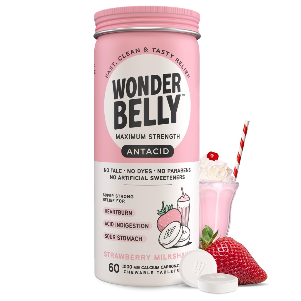 Wonderbellow Antacid, skuteczne Heartburn i Instant Acid Niestrawność Relief, Extra Siła Chewable Tablets, 1000 mg Carbonian wapnia, No Talc lub Dye, Truskawkowe Milkshake, 60 Count