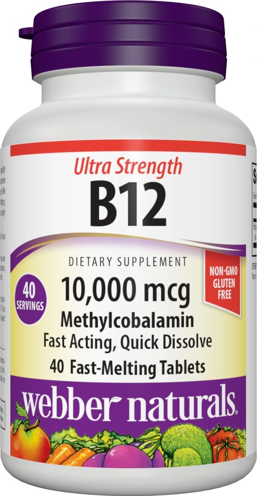 Webber Naturals Witamina B12 10 000 µg, Ultra Siła, 40 Hrabia, Szybko rozpuszczalne tabletki, Suplement witaminy Wsparcie dla metabolizmu energii, Immune i Heart Health, Wegan Formuła