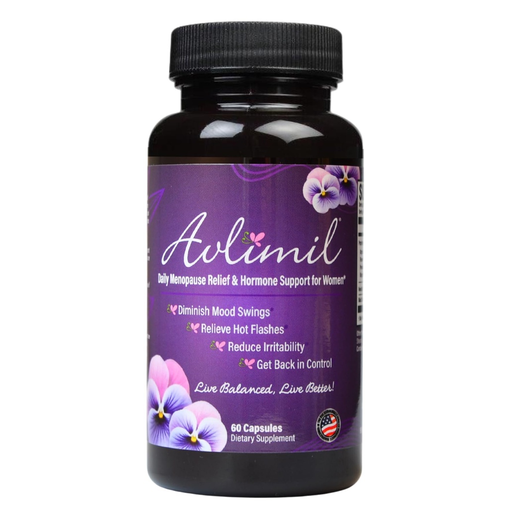 Avlimil ® Hormon Równowaga & Menopauza Wsparcie 124; Mood Swings, Gorące błyski, nocne poty i drażliwość - Isoflavones, czarny Cohosh, Malina, Valerian, Sage, Czerwona koniczyna, Lemon Balm - 1- Miesiąc