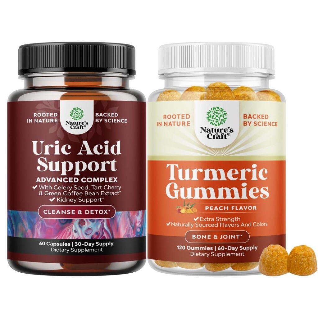 Nature Craft Bundle of Vegan Moryc Acid Cleanse and Detox for Men and Women 's Joints Nineys and More and Turmeric Gummies for Dorothy Peach Flavor - Extra Strength Joint Support Gummies