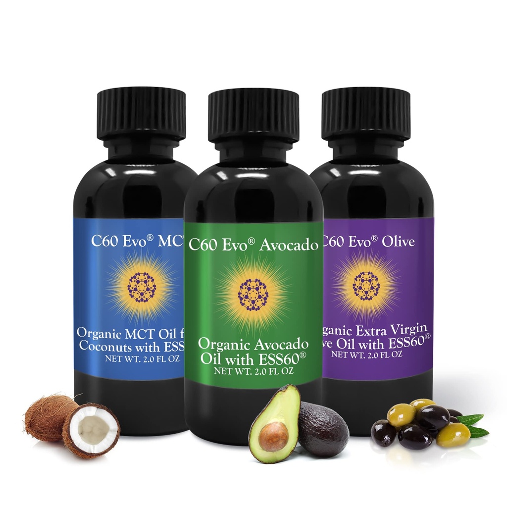 C60 Evo All- Natural Edible Oils, Mini Oil Sampler Set with Pure C60 ESS60, Immune Support and Joint Support Supplement with Olive Oil, Avocado Oil & MCT Coconut Oil, Zestaw 3, 2 oz