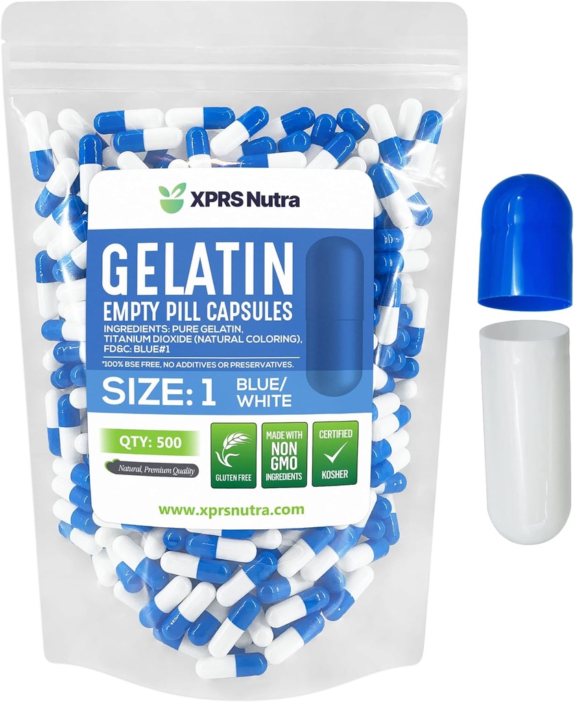XPRS Nutra Rozmiar 1 Puste kapsułki - 500 Licz Puste kapsułki żelatynowe - Pigułka Diy Kapsułka Napełnianie - Czysty żel piórowy dla bydła Kapsułki Do- It- Yourself Supplements (niebieski / biały)