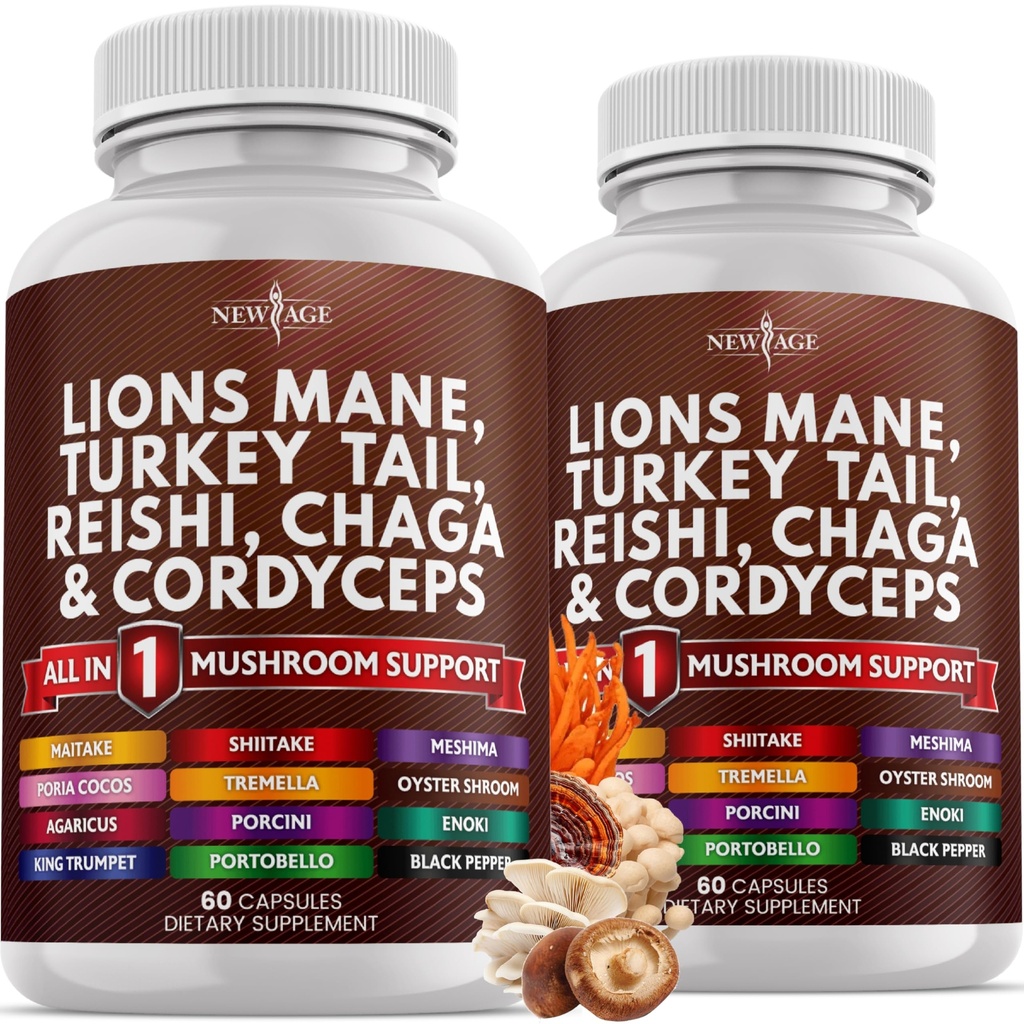 Nowy wiek Lions Mane Mushroom Supplement z Turcji Ogon Reishi Cordyceps Chaga z Marshmallow Root - 120 Hrabia