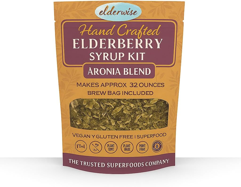 Elderwise Elderberry Aronia Berry Syrop Kit - Elderberry, Aronia Berries, Róże, Ginger, Echinacea, Cynamon i Goździki, Robi 32oz Syrop, Browar Torba Zawarte