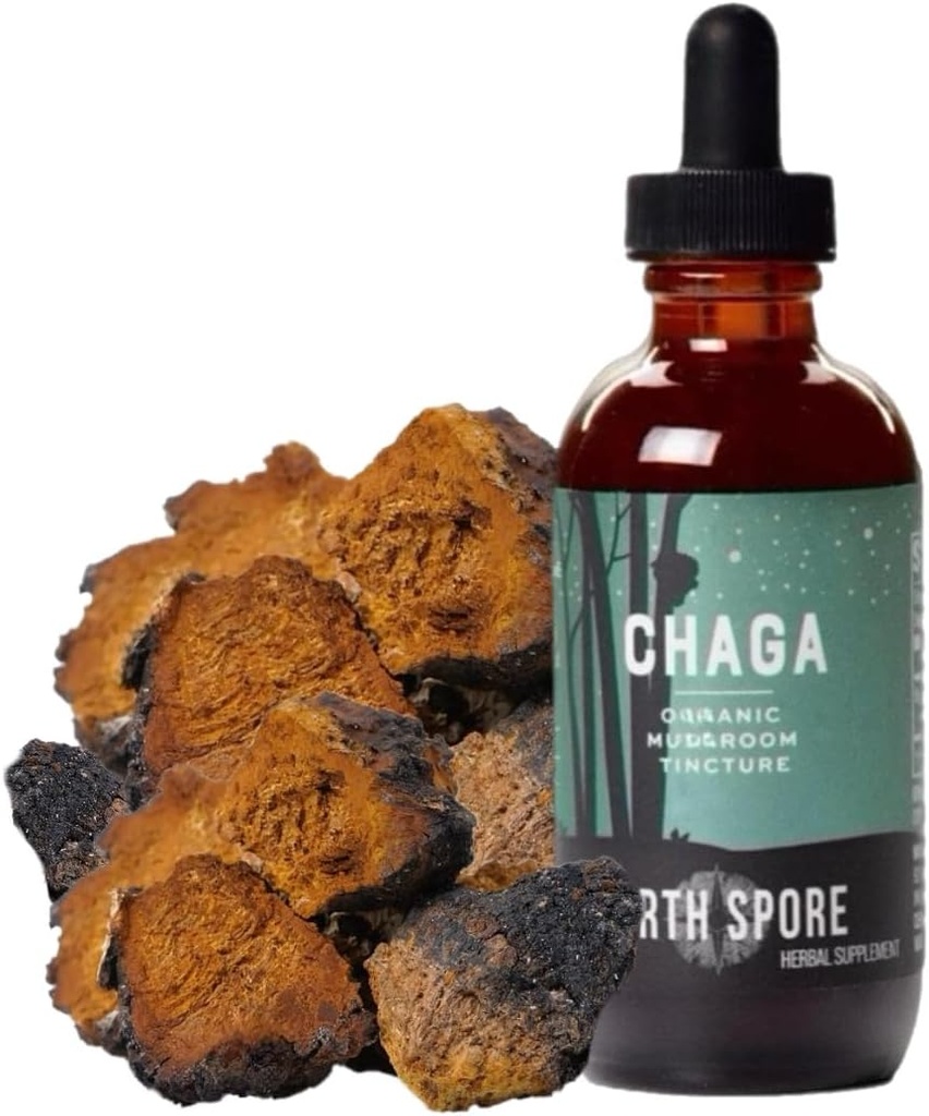 North Spore Chaga Grzyb nalewka 124; Energy & Wellness Boosting Supplement Drops 124; Adaptogenetic Superfood 124; Dual Extract Organic Blend, 100% Fruiting Cities 124; Non-GMO, Vegan - 2oz
