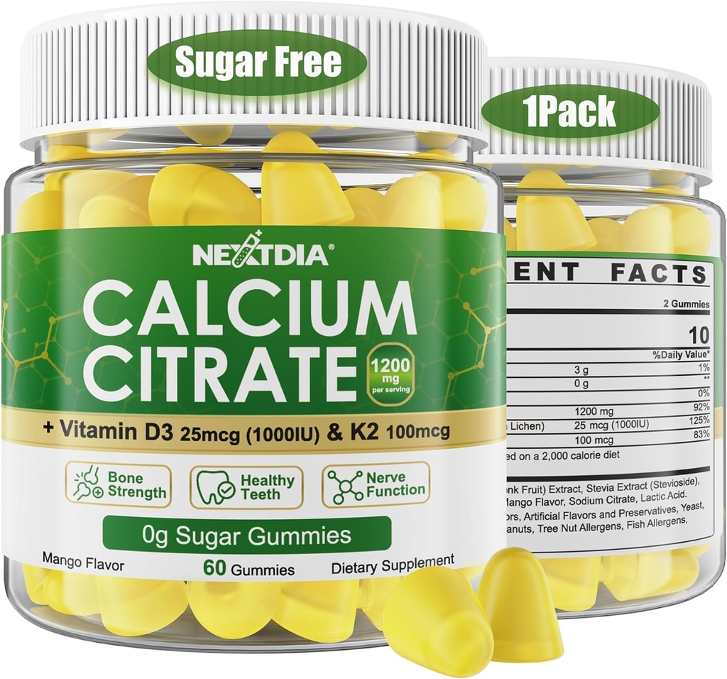 Gummies cytrynian wapnia 1200mg z witaminą D3 K2, suplementy wapnia do żucia dla kobiet i mężczyzn, o dużej mocy wsparcia B0ne, Te * th, Siła & Immune Health, Mango Flavor, Non-GMO, Sugar Free, 60 Cts