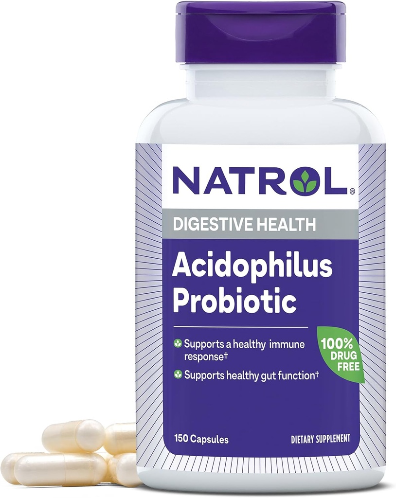 Natrol Acidophilus Probiotic 100 mg, Suplement diety dla zdrowej funkcji Gut, Digestive Health kapsułki dla dorosłych, 150 kapsułek, Aż do 50 Day Supply