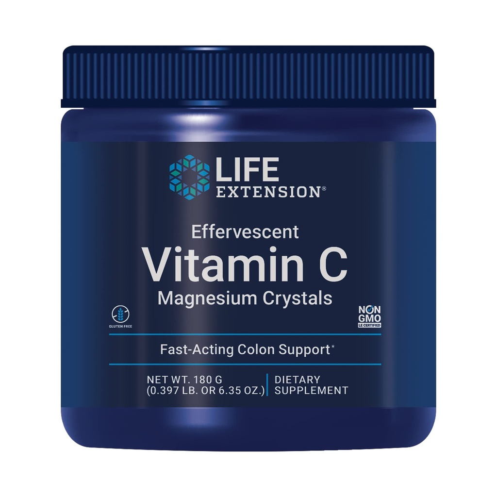 Life Extension Effervescent Witamina C Kryształy magnezu, natychmiastowa ulga od sporadycznych zaparć, Gluten- Free, Nie-GMO, Wegetarianin, net Wt. 180 Grams