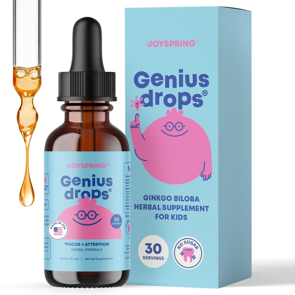 JoySpring Genius Drops dla dzieci 124; Clinically Proven Focus Supplement España 124; Liquid Herbal Focus Supplement with Ginkgo Biloba for Kids (1 fl oz) 30 Służenia
