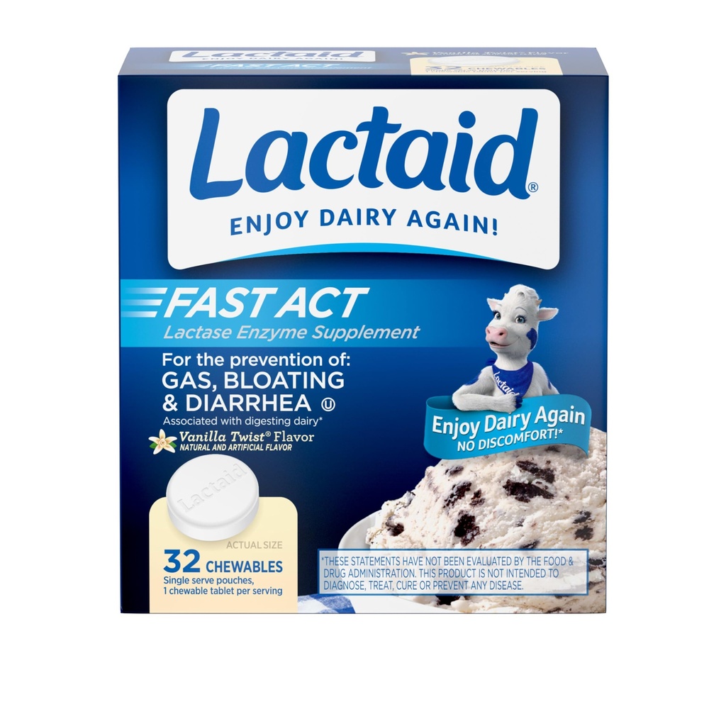 Lactaid Fast Act Laktoza Nietolerancja Relief Chewables with Natural Lactase Enzyme to Prevent Gas, Bloating & Biegunka Ze względu na wrażliwość na laktozę, On- The- Go, Vanilla Twist Flavor, 32 x 1