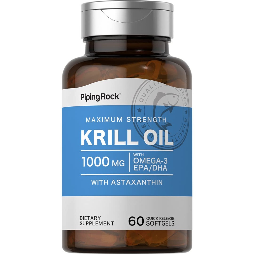 Piping Rock Krill Oil 1000mg Softgels 124; 60 Hrabia 124; Suplement dla Kobiet i Mężczyzn 124; Omega 3, Astaksantyna, EPA, DHA 124; Non-GMO, Gluten Free