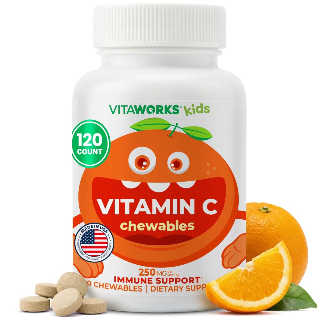 Dzieci Witamina C Tabletki do żucia 250mg - Wegańskie, wolne od GMO-, Gluten Free, Nut Free Vitamin - Suplement diety do wsparcia immunologicznego - dla dzieci - 120 Chewables