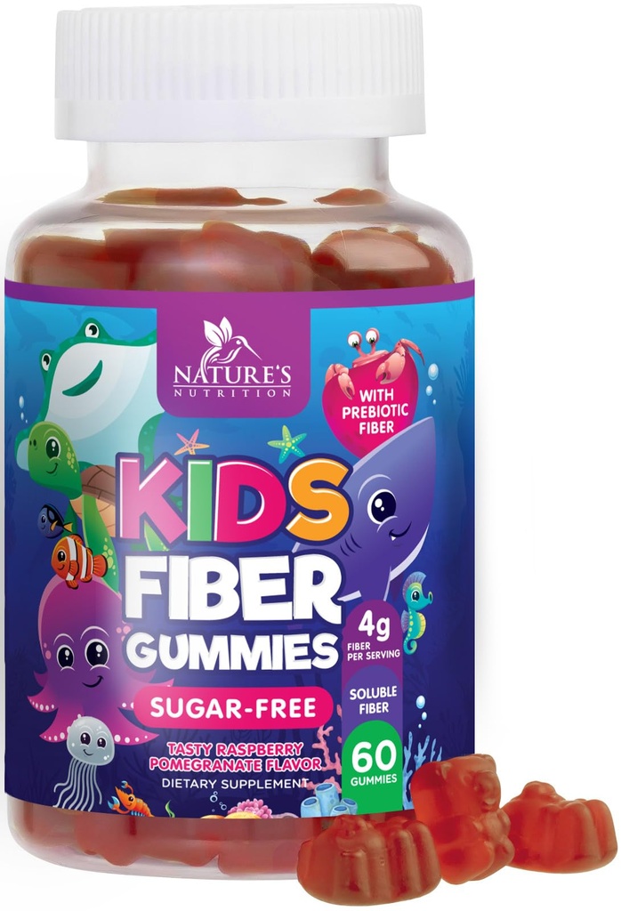 Dzieci Fiber Gummies 4g - Prebiotyczne Fiber Suplement do Zdrowia Trawiennego, Regularność i Wsparcie immunologiczne - Cukier wolny i Plant- Based Fiber - Naturalny aromat malinowy - Wegan, Gluten- Free - 60 Gummies